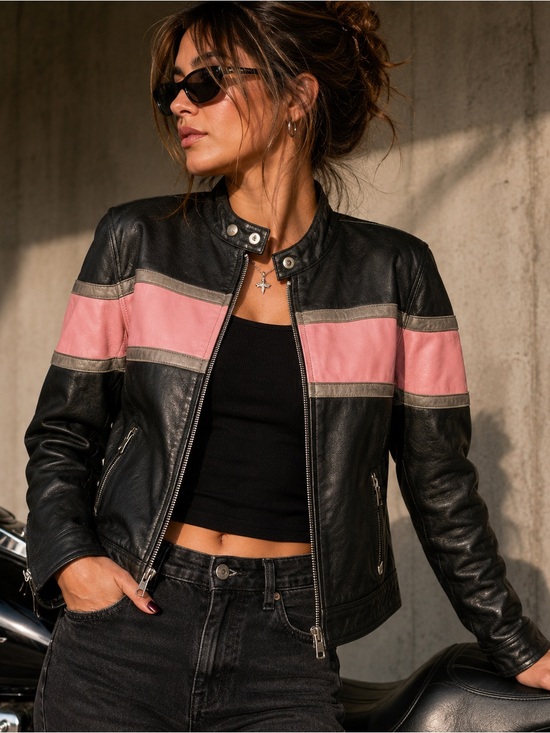 Wild Wear Jackets & Blazers - Y2K Wild Wear Leather Moto Jacket Black Pink Stripe Biker Jacket Women’s L